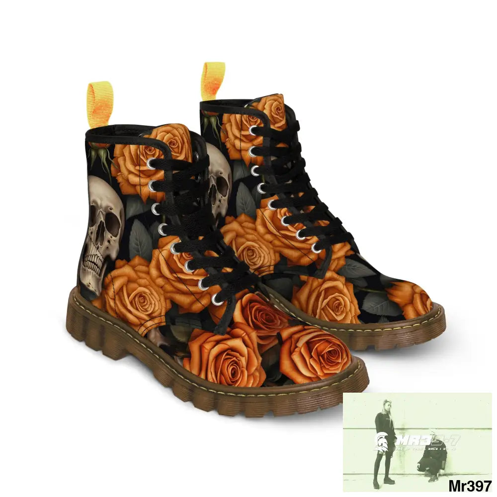 Gothic Skulls and Orange Roses Canvas Boots AOP Shoes