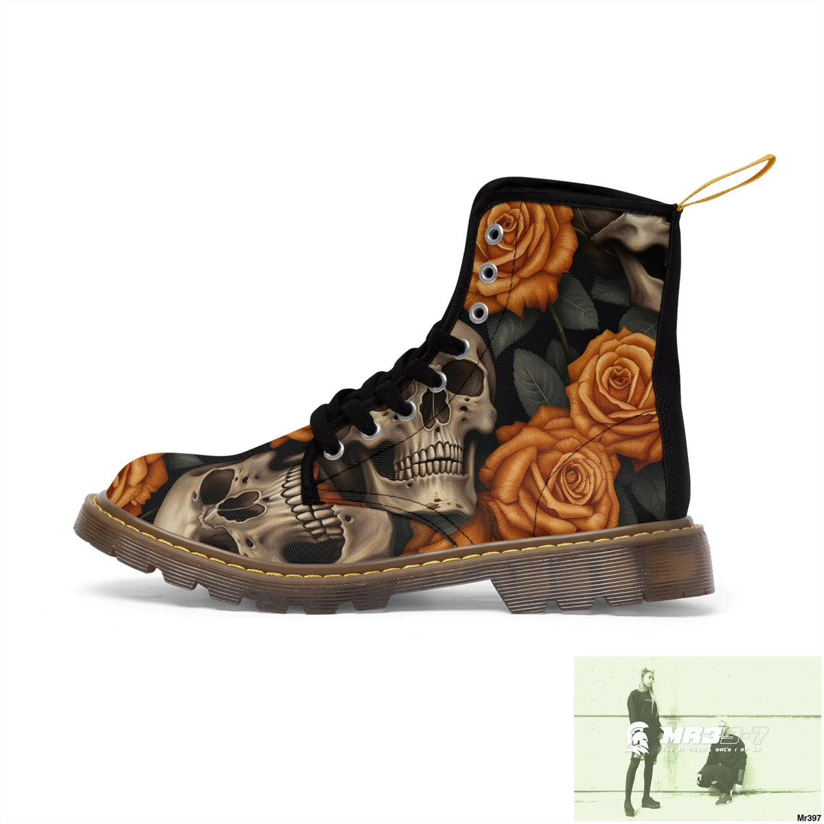 Gothic Skulls and Orange Roses Canvas Boots AOP Shoes