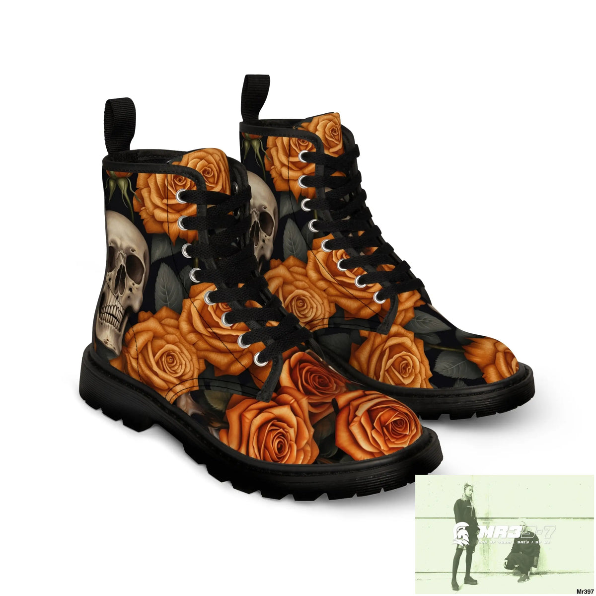 Gothic Skulls and Orange Roses Canvas Boots AOP Shoes