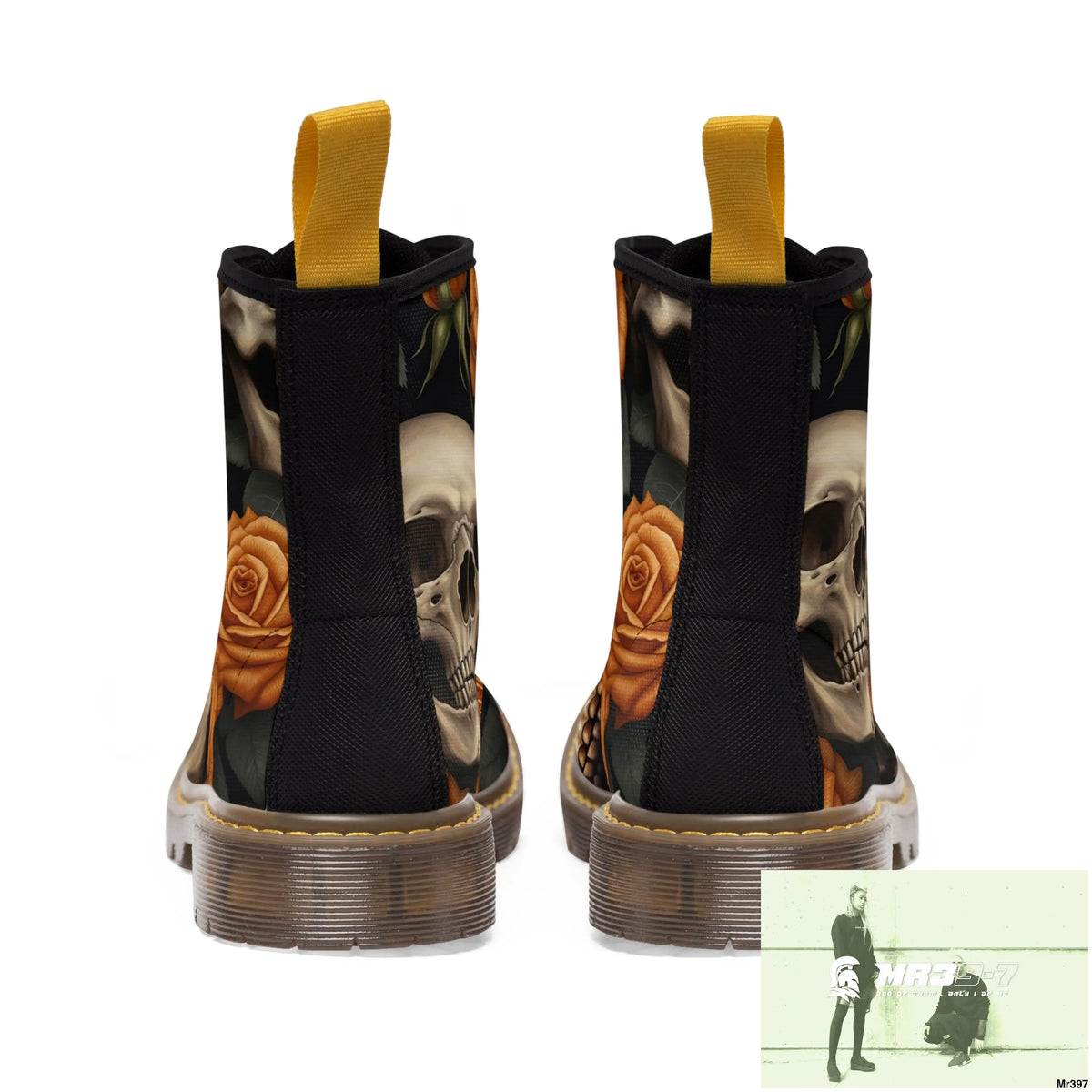 Gothic Skulls and Orange Roses Canvas Boots AOP Shoes