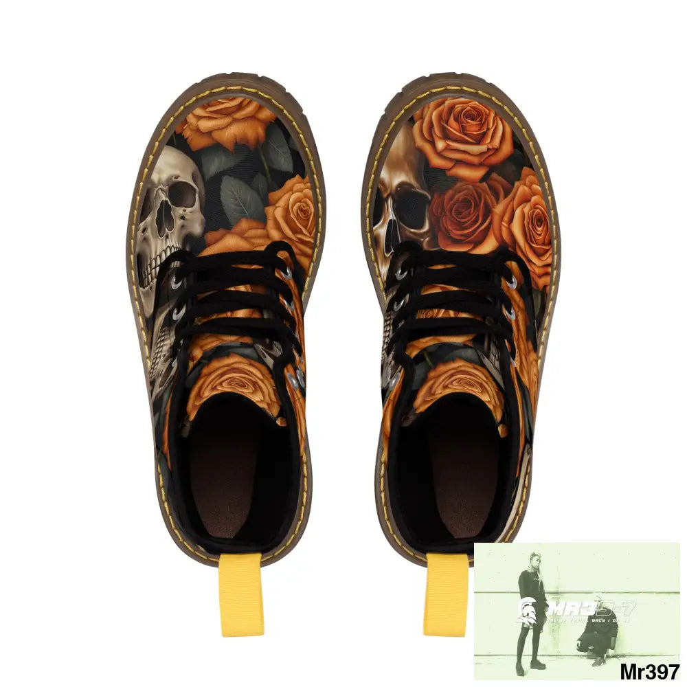Gothic Skulls and Orange Roses Canvas Boots AOP Shoes