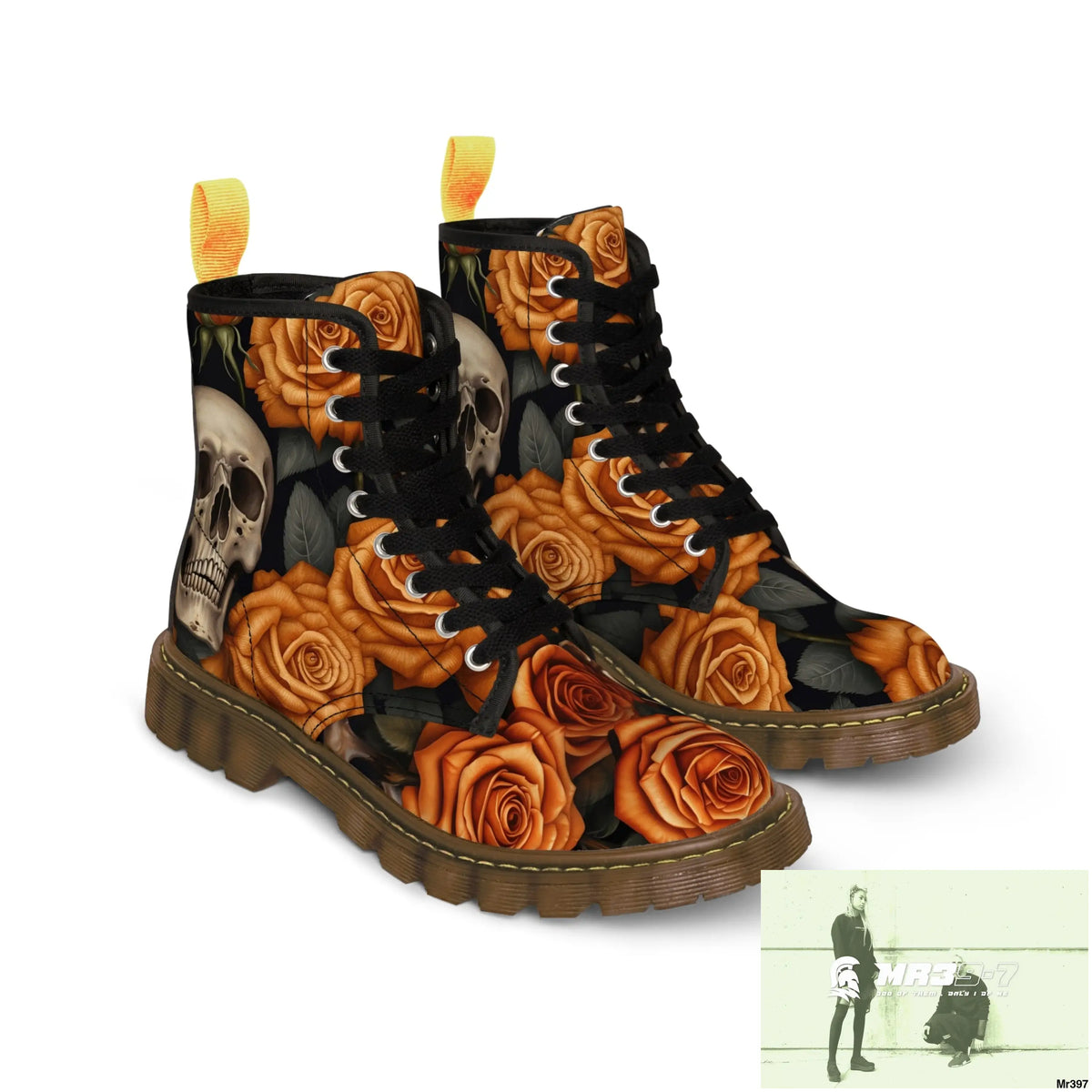 Gothic Skulls and Orange Roses Canvas Boots AOP Shoes