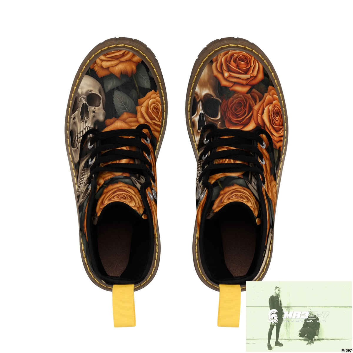 Gothic Skulls and Orange Roses Canvas Boots AOP Shoes