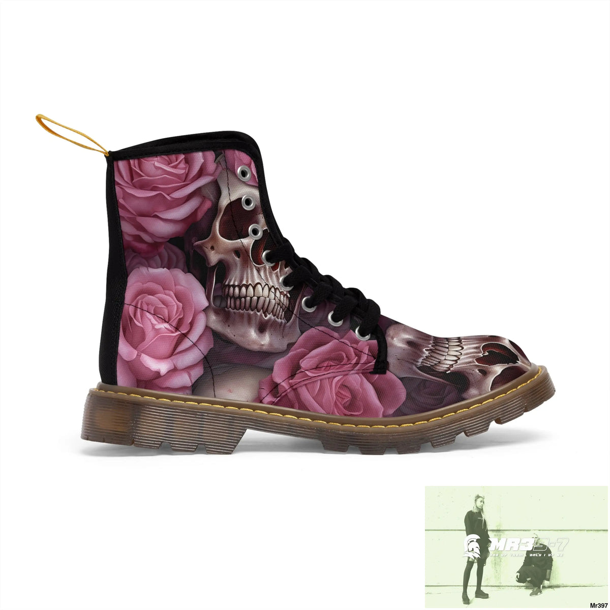 Gothic Skulls and Pink Roses Women’s Canvas Boots Shoes