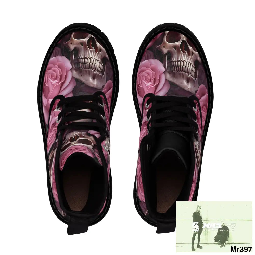 Gothic Skulls and Pink Roses Women’s Canvas Boots Shoes