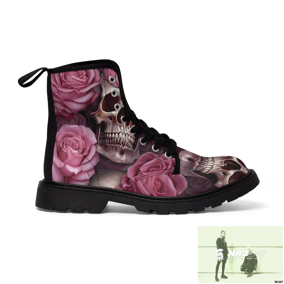 Gothic Skulls and Pink Roses Women’s Canvas Boots Shoes