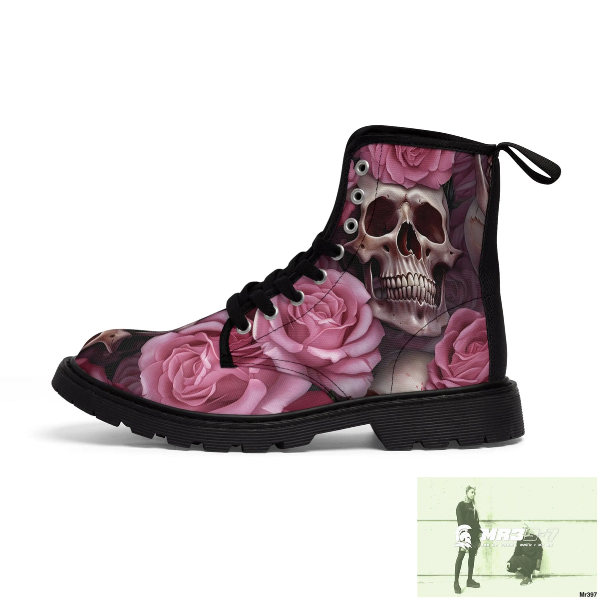 Gothic Skulls and Pink Roses Women’s Canvas Boots Shoes