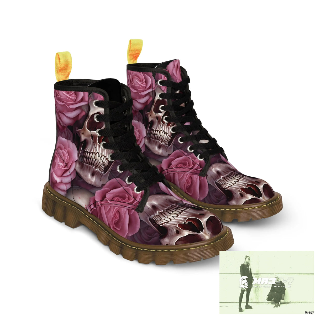 Gothic Skulls and Pink Roses Women’s Canvas Boots Shoes