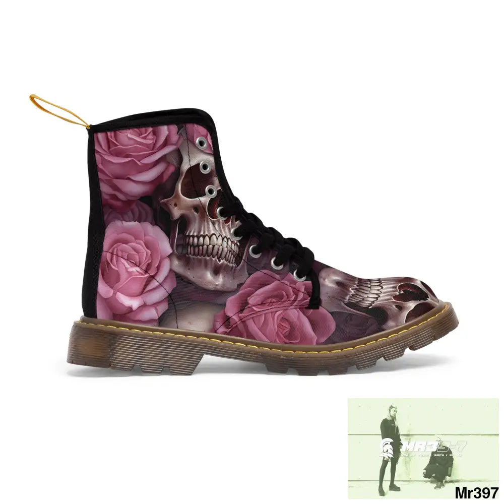 Gothic Skulls and Pink Roses Women’s Canvas Boots Shoes