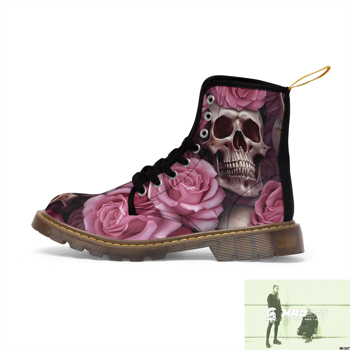 Gothic Skulls and Pink Roses Women’s Canvas Boots Shoes
