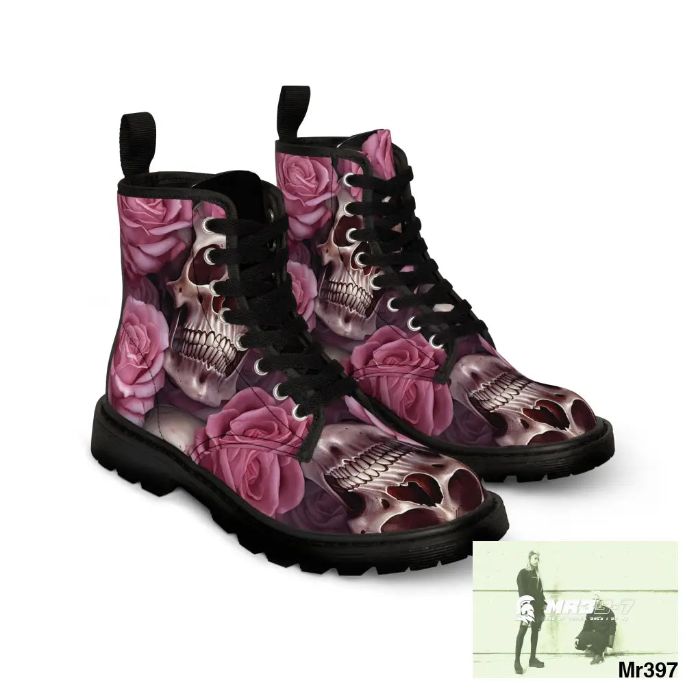 Gothic Skulls and Pink Roses Women’s Canvas Boots Shoes