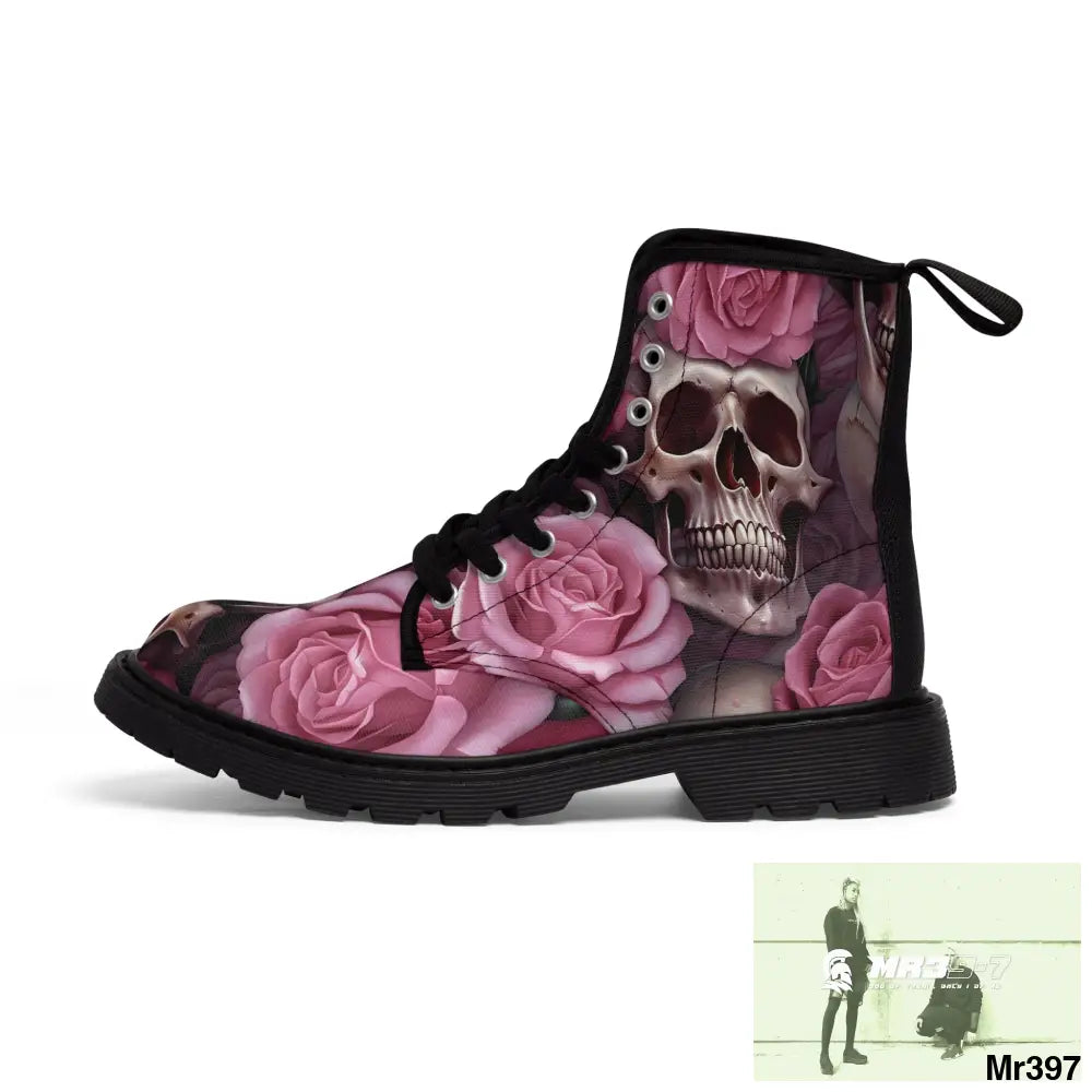 Gothic Skulls and Pink Roses Women’s Canvas Boots Shoes