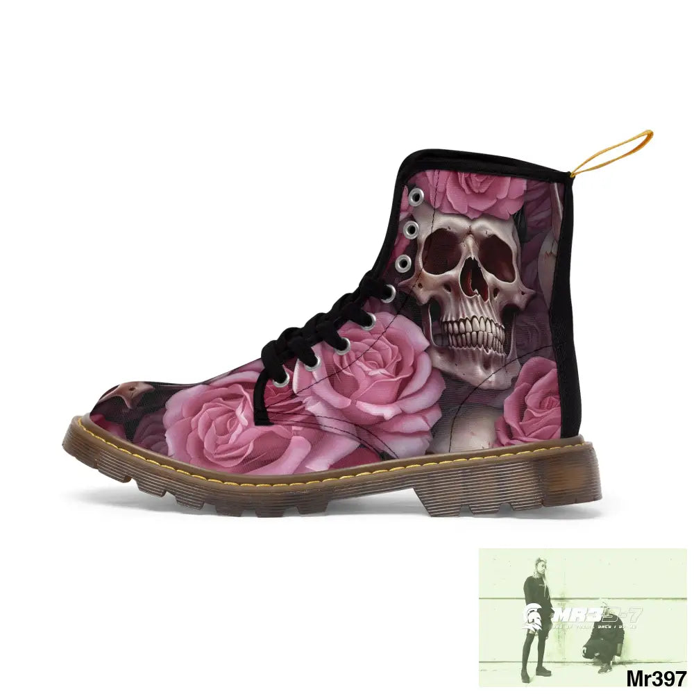 Gothic Skulls and Pink Roses Women’s Canvas Boots Shoes