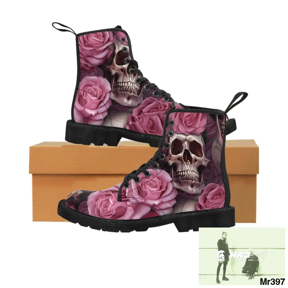 Gothic Skulls and Pink Roses Women’s Canvas Boots Shoes