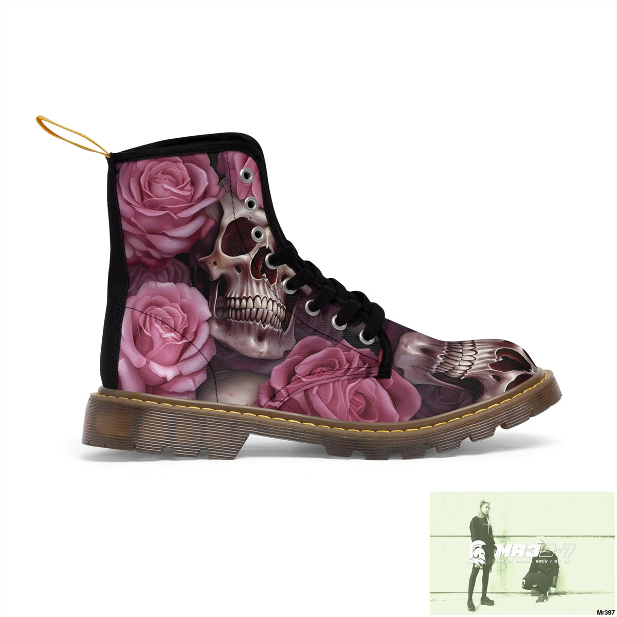 Gothic Skulls and Pink Roses Women’s Canvas Boots US 6.5 / Brown sole Shoes