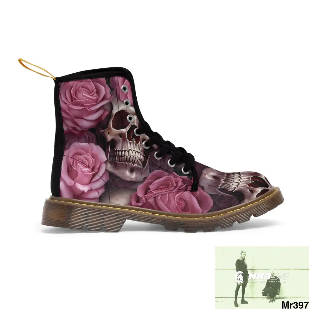 Gothic Skulls and Pink Roses Women’s Canvas Boots US 6.5 / Brown sole Shoes