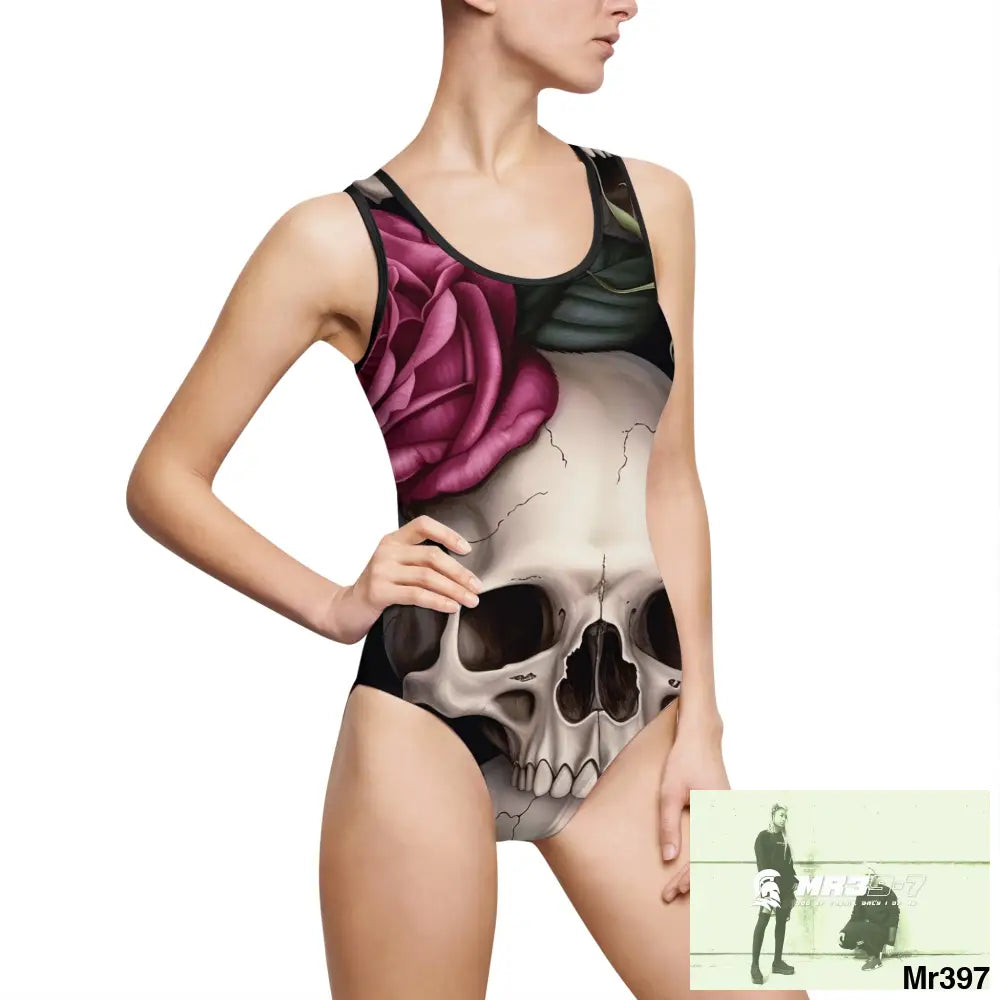Gothic Skulls and Pink roses Women’s Classic One-Piece Swimsuit (AOP) XS / Black All Over Prints