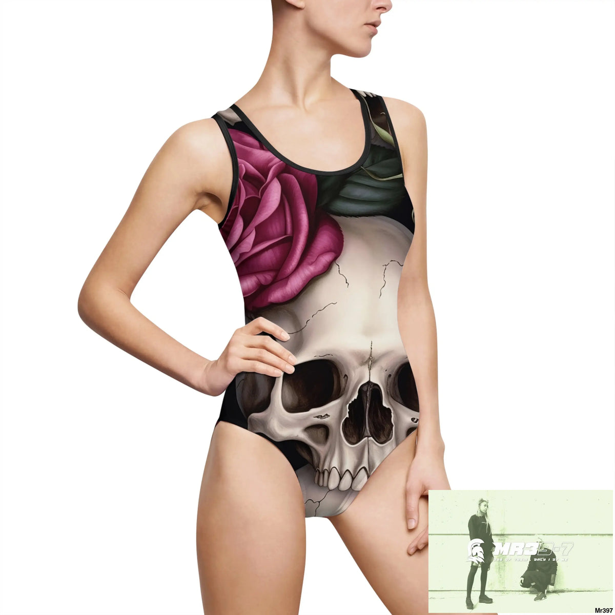 Gothic Skulls and Pink roses Women’s Classic One-Piece Swimsuit (AOP) XS / Black All Over Prints