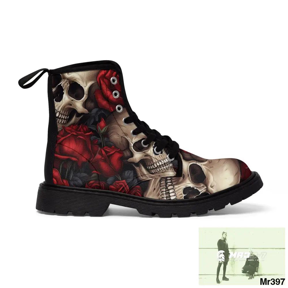 Gothic Skulls and Red roses Canvas Boots AOP Shoes