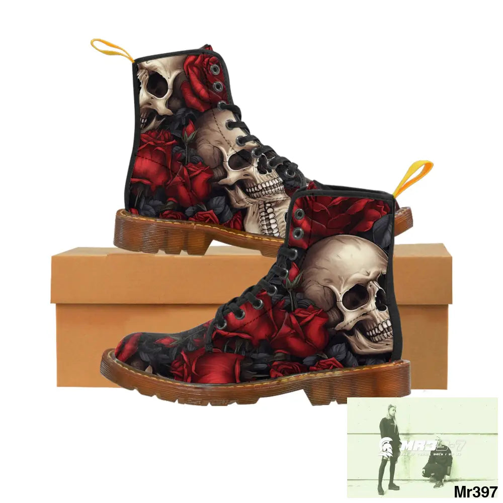 Gothic Skulls and Red roses Canvas Boots AOP Shoes
