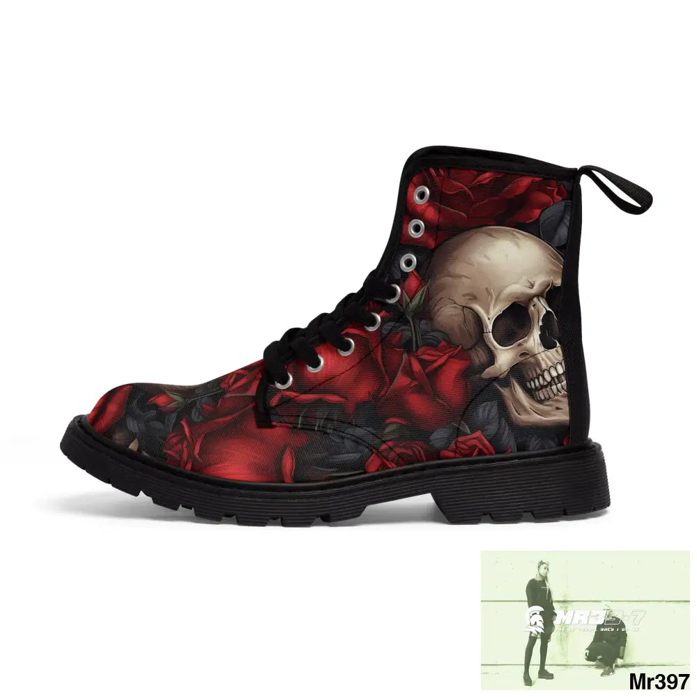 Gothic Skulls and Red roses Canvas Boots AOP Shoes