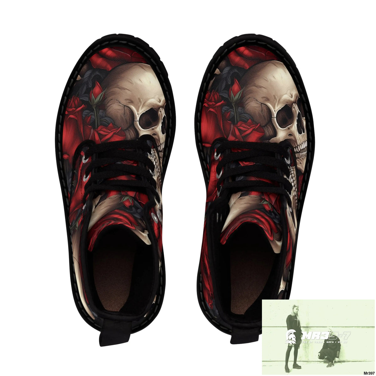 Gothic Skulls and Red roses Canvas Boots AOP Shoes