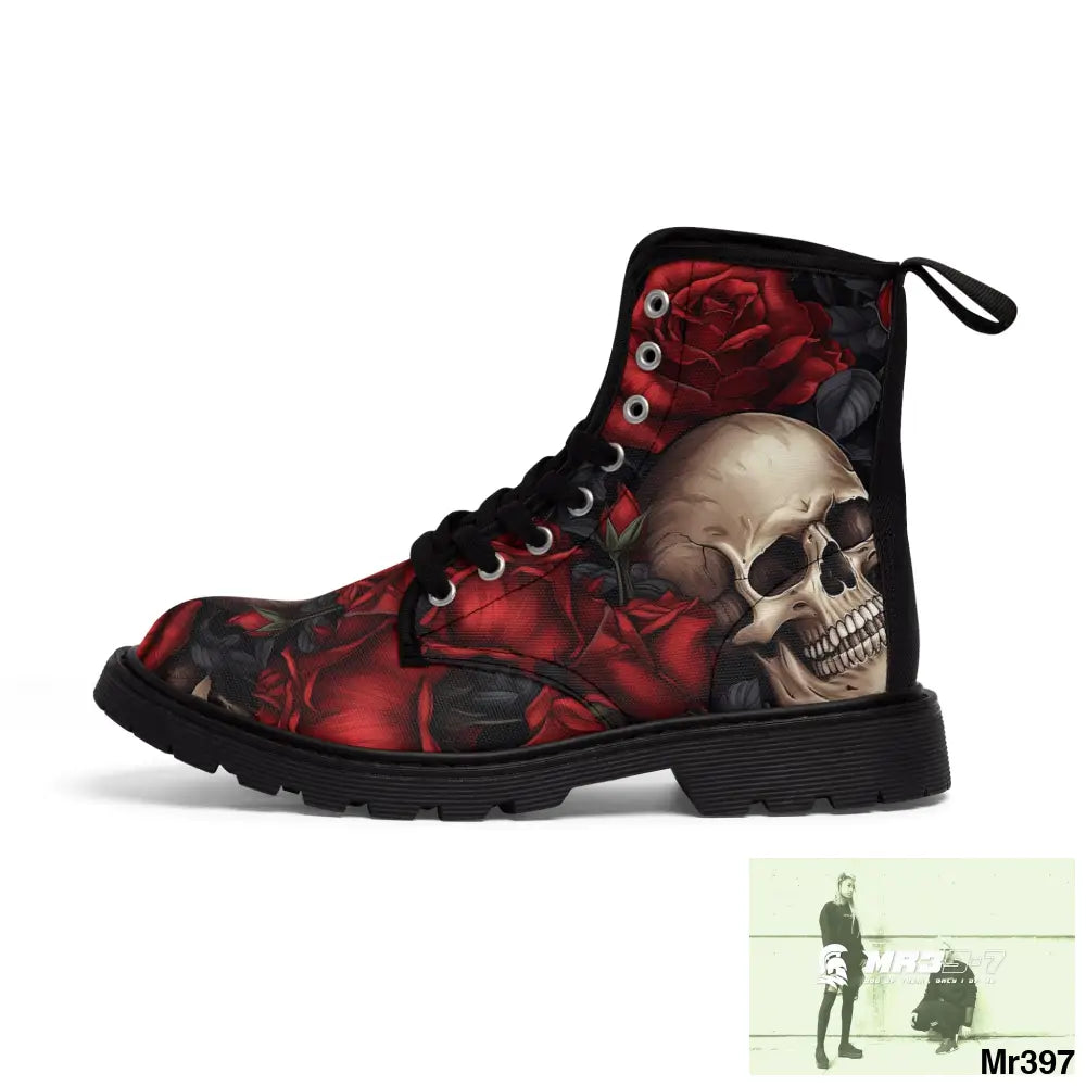 Gothic Skulls and Red roses Canvas Boots AOP Shoes