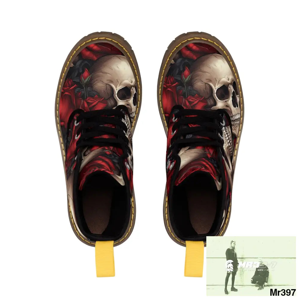 Gothic Skulls and Red roses Canvas Boots AOP Shoes