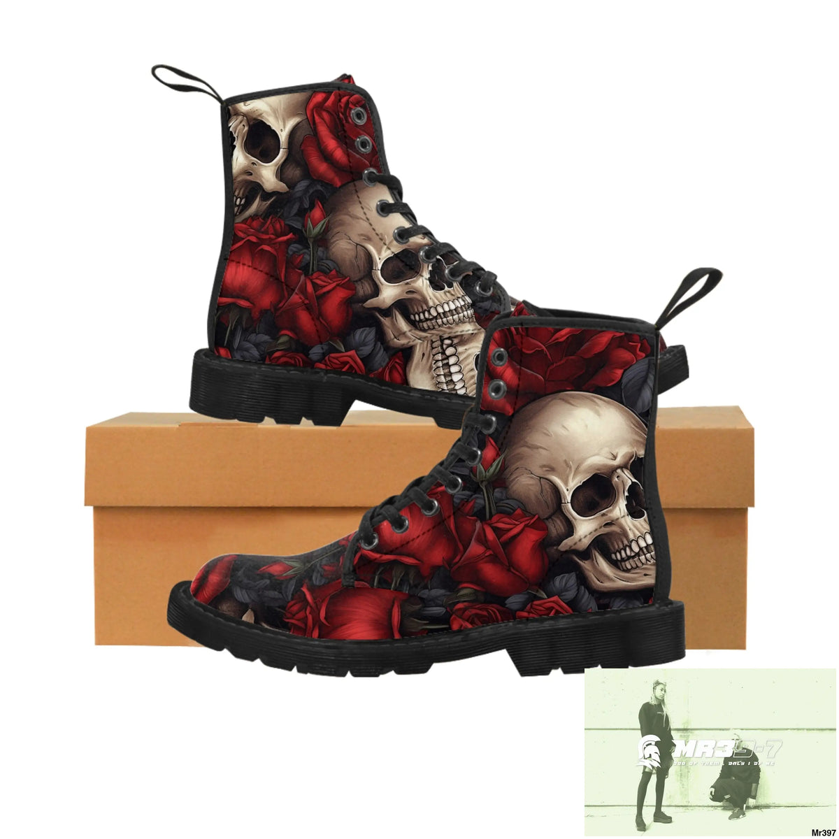 Gothic Skulls and Red roses Canvas Boots AOP Shoes