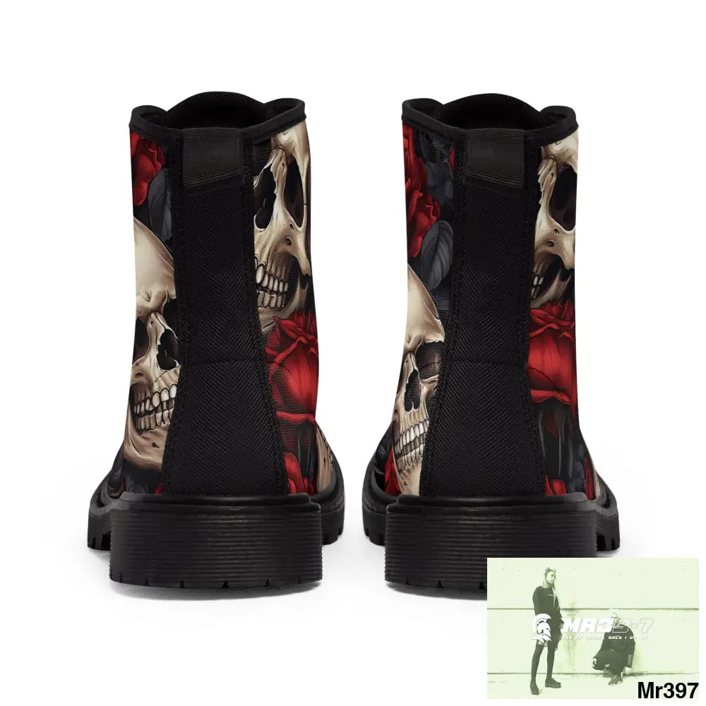 Gothic Skulls and Red roses Canvas Boots AOP Shoes