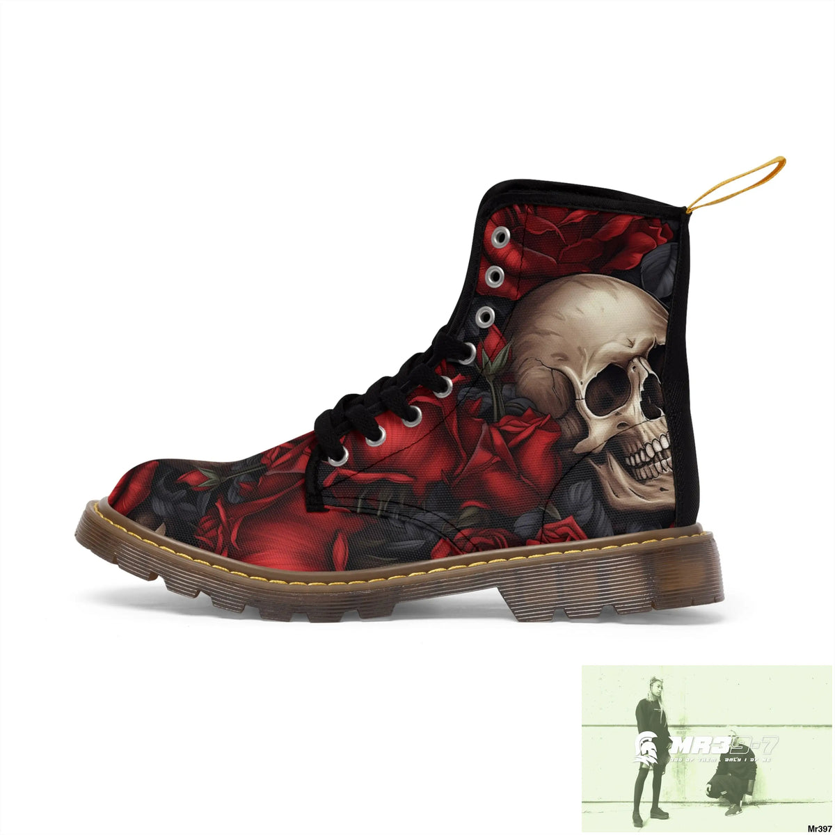 Gothic Skulls and Red roses Canvas Boots AOP Shoes