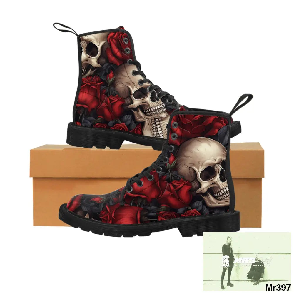 Gothic Skulls and Red roses Canvas Boots AOP Shoes