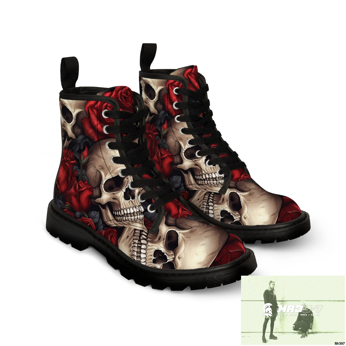 Gothic Skulls and Red roses Canvas Boots AOP US 7 / Black sole Shoes
