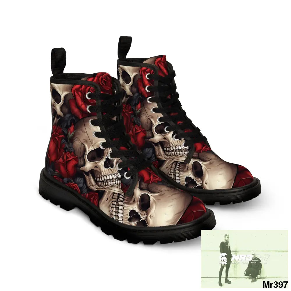 Gothic Skulls and Red roses Canvas Boots AOP US 7 / Black sole Shoes