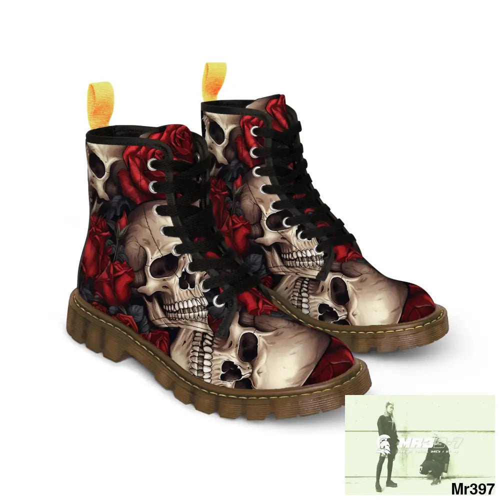 Gothic Skulls and Red roses Canvas Boots AOP US 7 / Brown sole Shoes