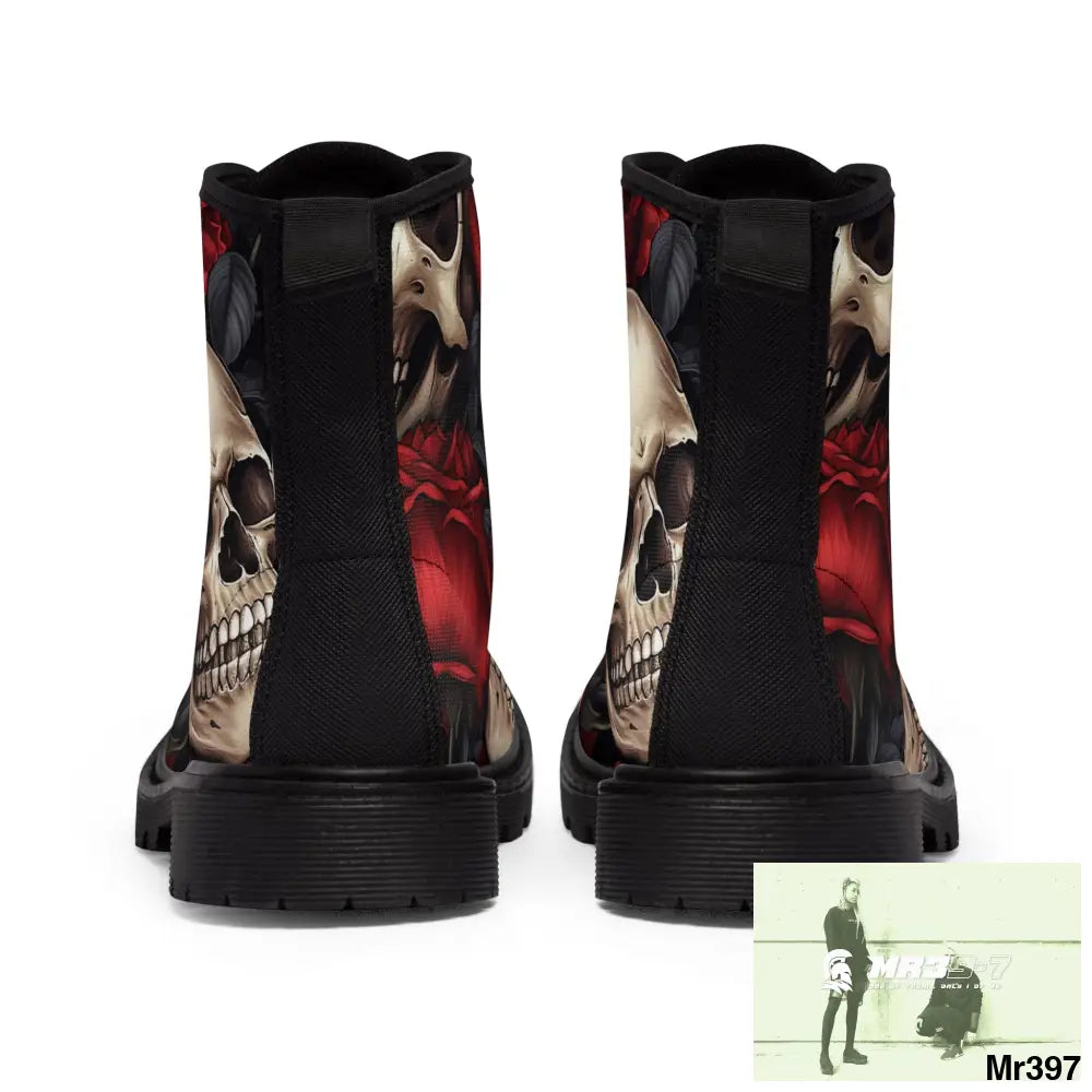 Gothic Skulls and Red Roses Women’s Canvas Boots Shoes