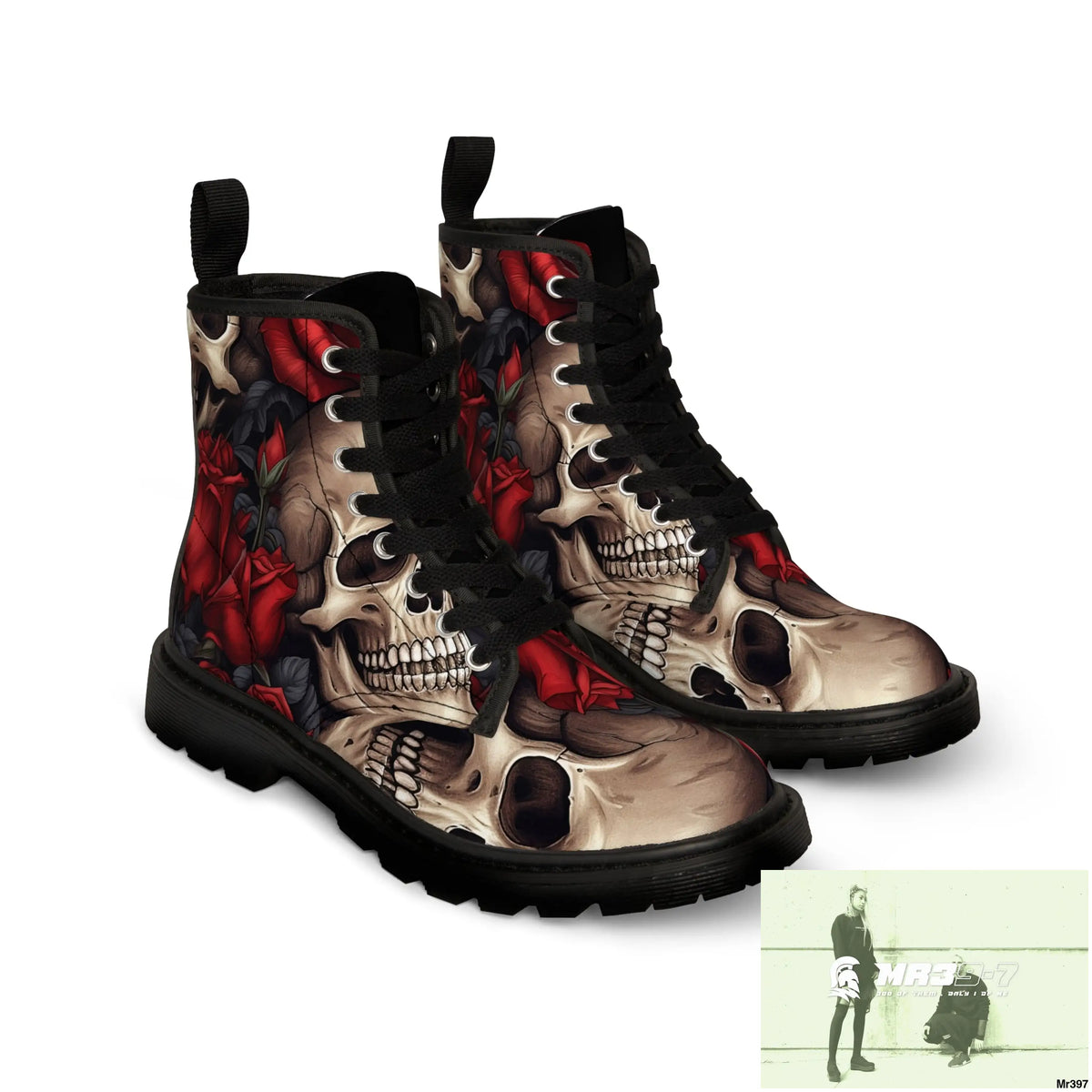 Gothic Skulls and Red Roses Women’s Canvas Boots Shoes
