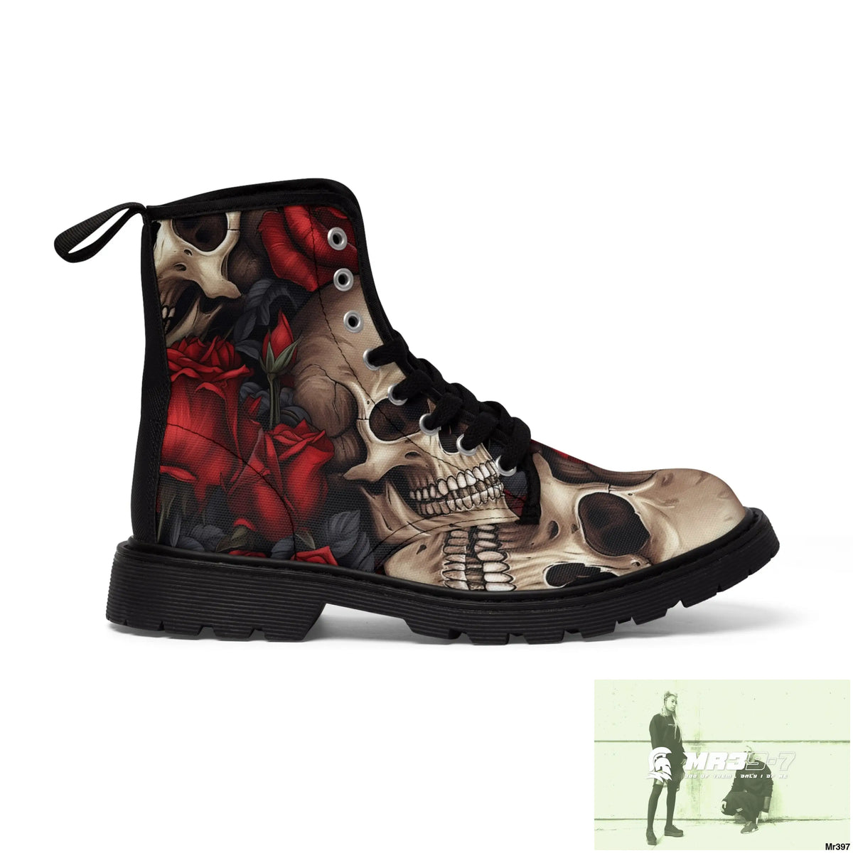 Gothic Skulls and Red Roses Women’s Canvas Boots Shoes
