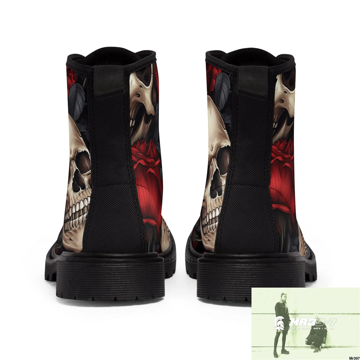 Gothic Skulls and Red Roses Women’s Canvas Boots Shoes