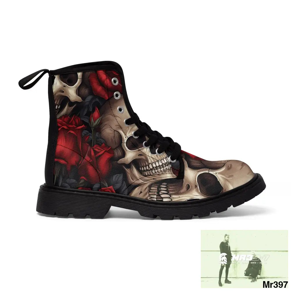 Gothic Skulls and Red Roses Women’s Canvas Boots Shoes