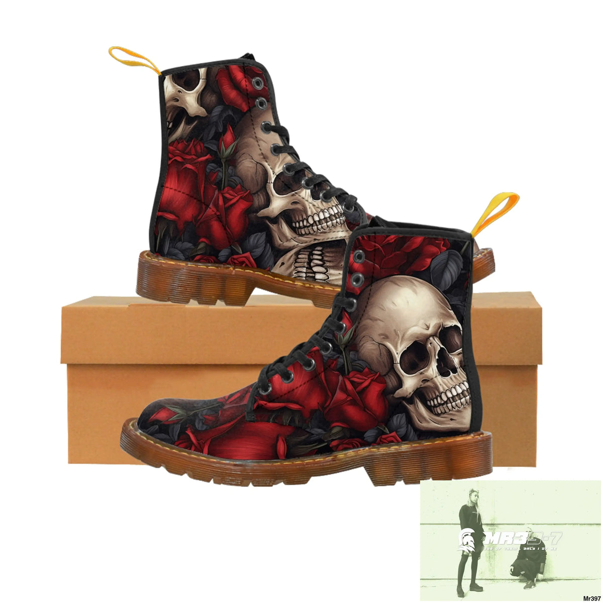 Gothic Skulls and Red Roses Women’s Canvas Boots US 6.5 / Brown sole Shoes