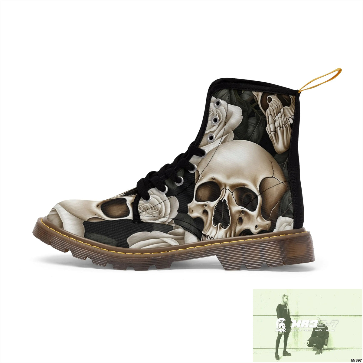 Gothic Skulls and White Roses Women’s Canvas Boots Shoes