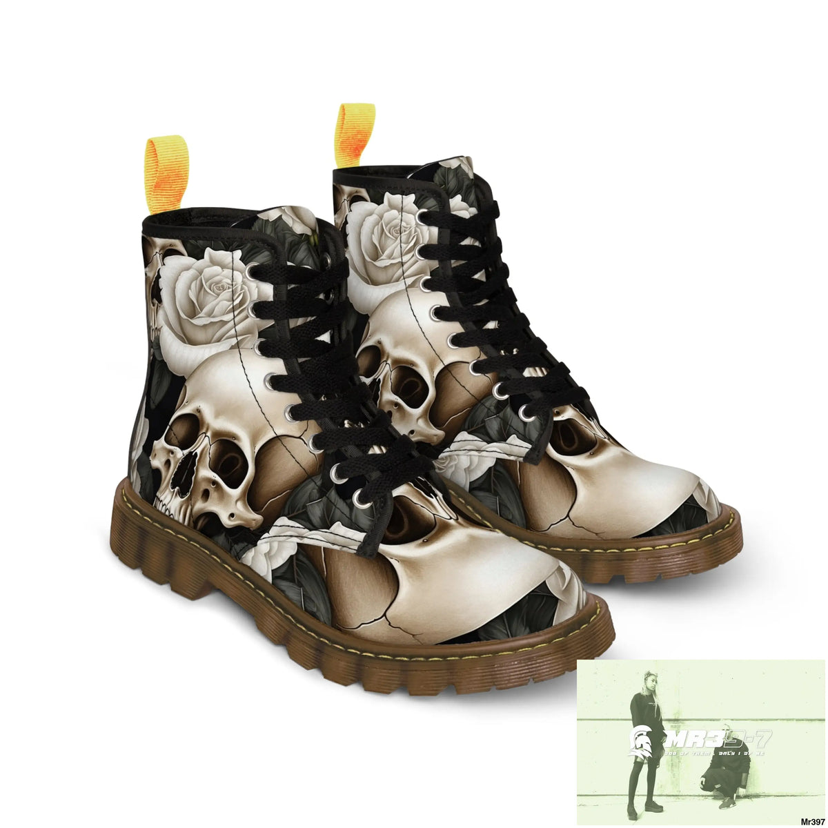 Gothic Skulls and White Roses Women’s Canvas Boots Shoes