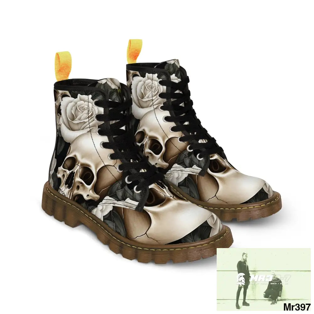 Gothic Skulls and White Roses Women’s Canvas Boots Shoes