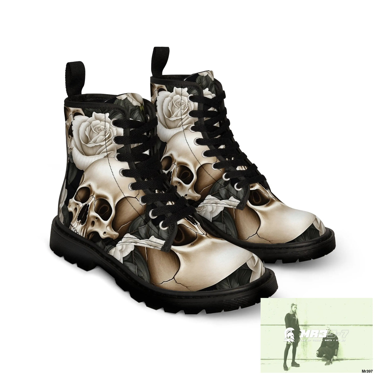 Gothic Skulls and White Roses Women’s Canvas Boots Shoes