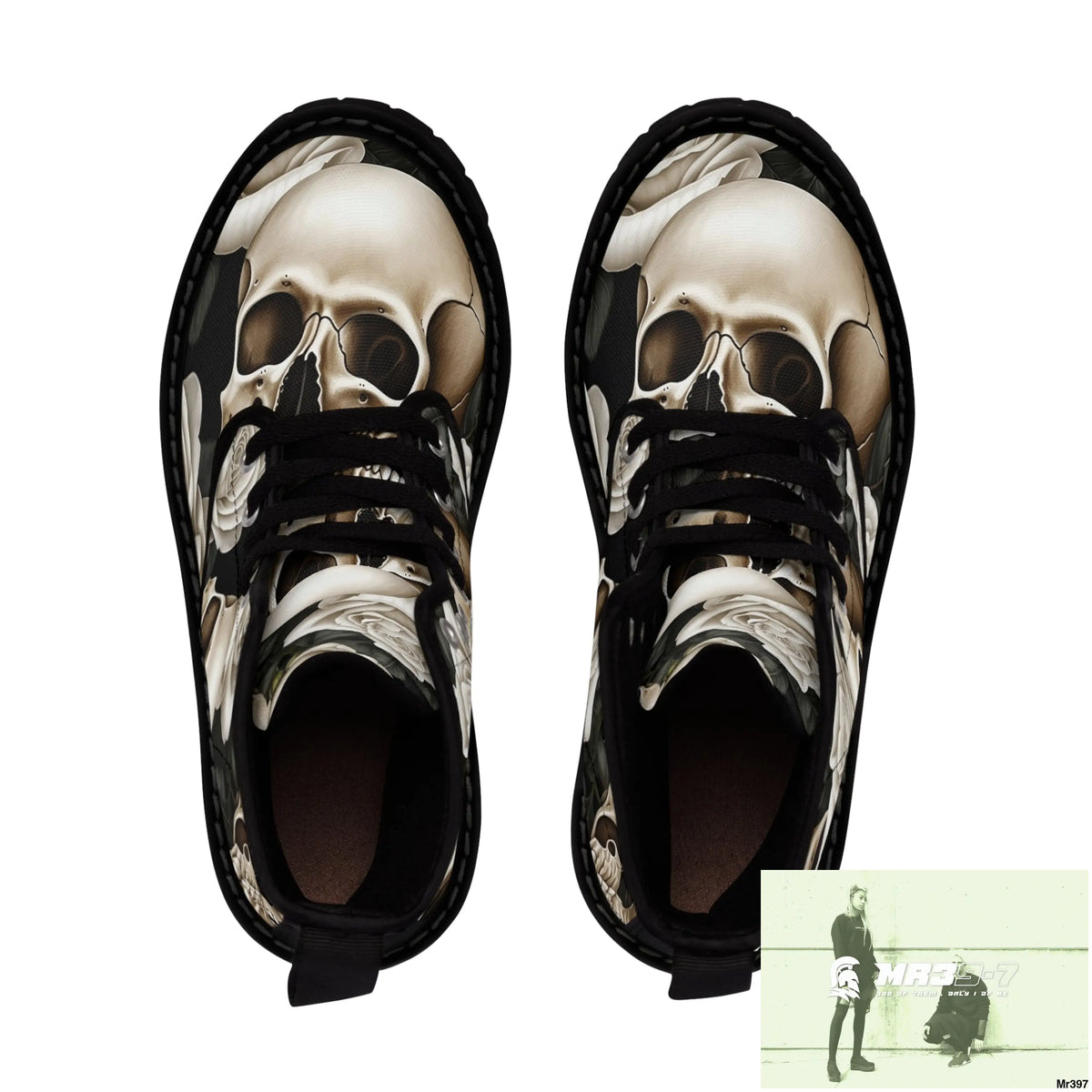 Gothic Skulls and White Roses Women’s Canvas Boots Shoes