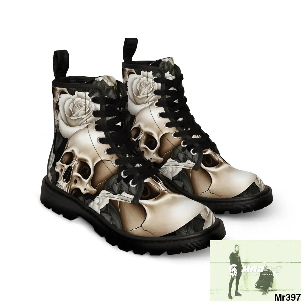Gothic Skulls and White Roses Women’s Canvas Boots Shoes
