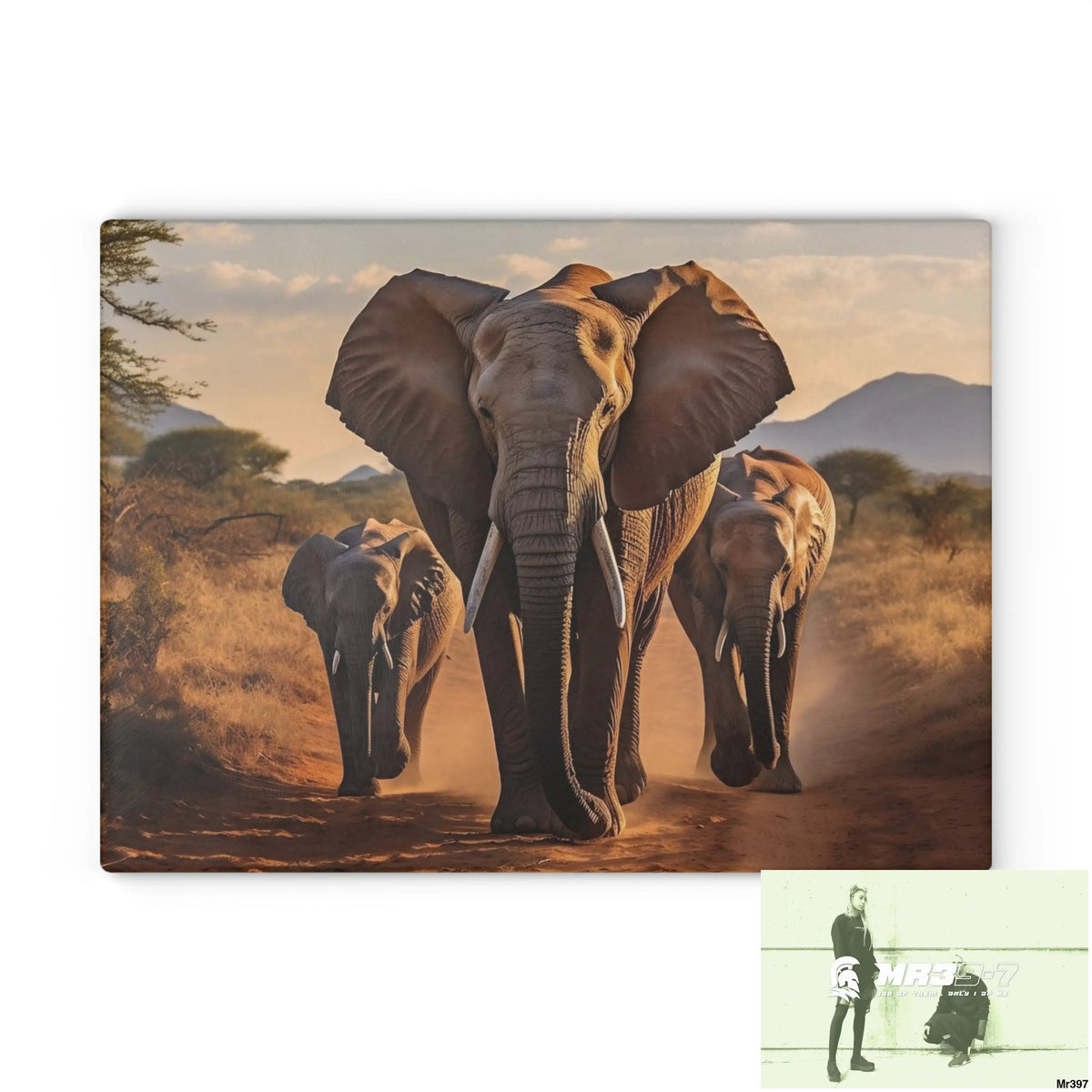 Group of Elephants Walking in Wilderness Glass Cutting Board 11’’ x 15’’ / Rectangle Home Decor