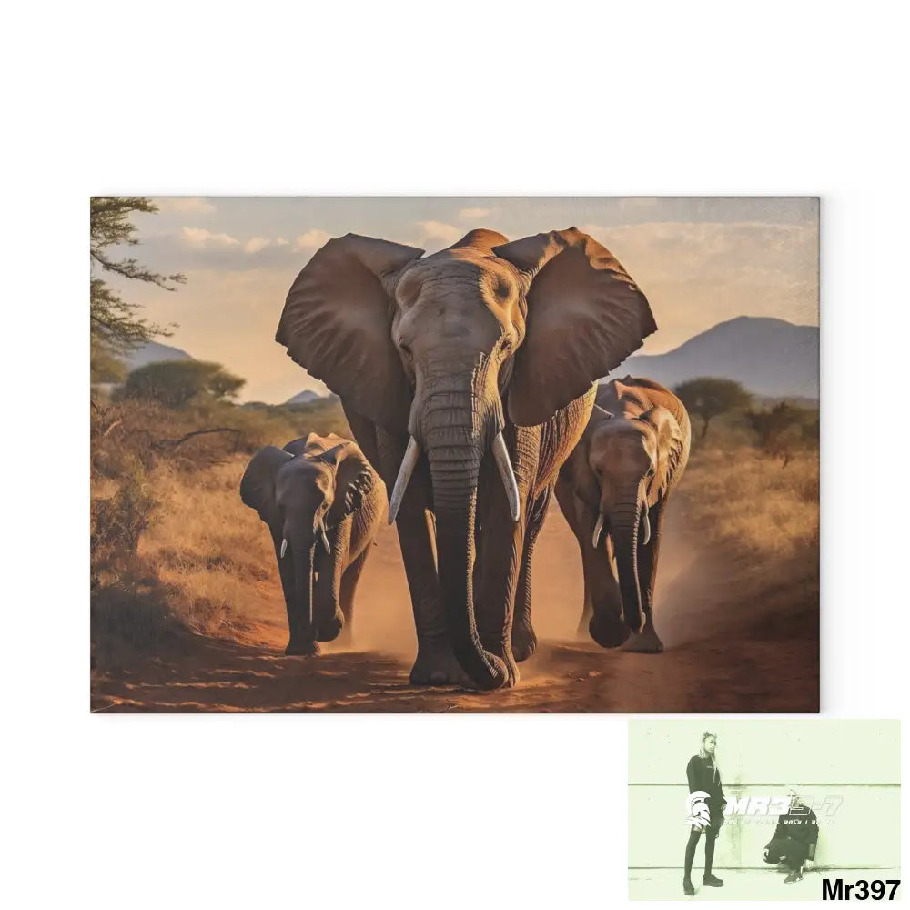 Group of Elephants Walking in Wilderness Glass Cutting Board 8’’ x 11’’ / Rectangle Home Decor
