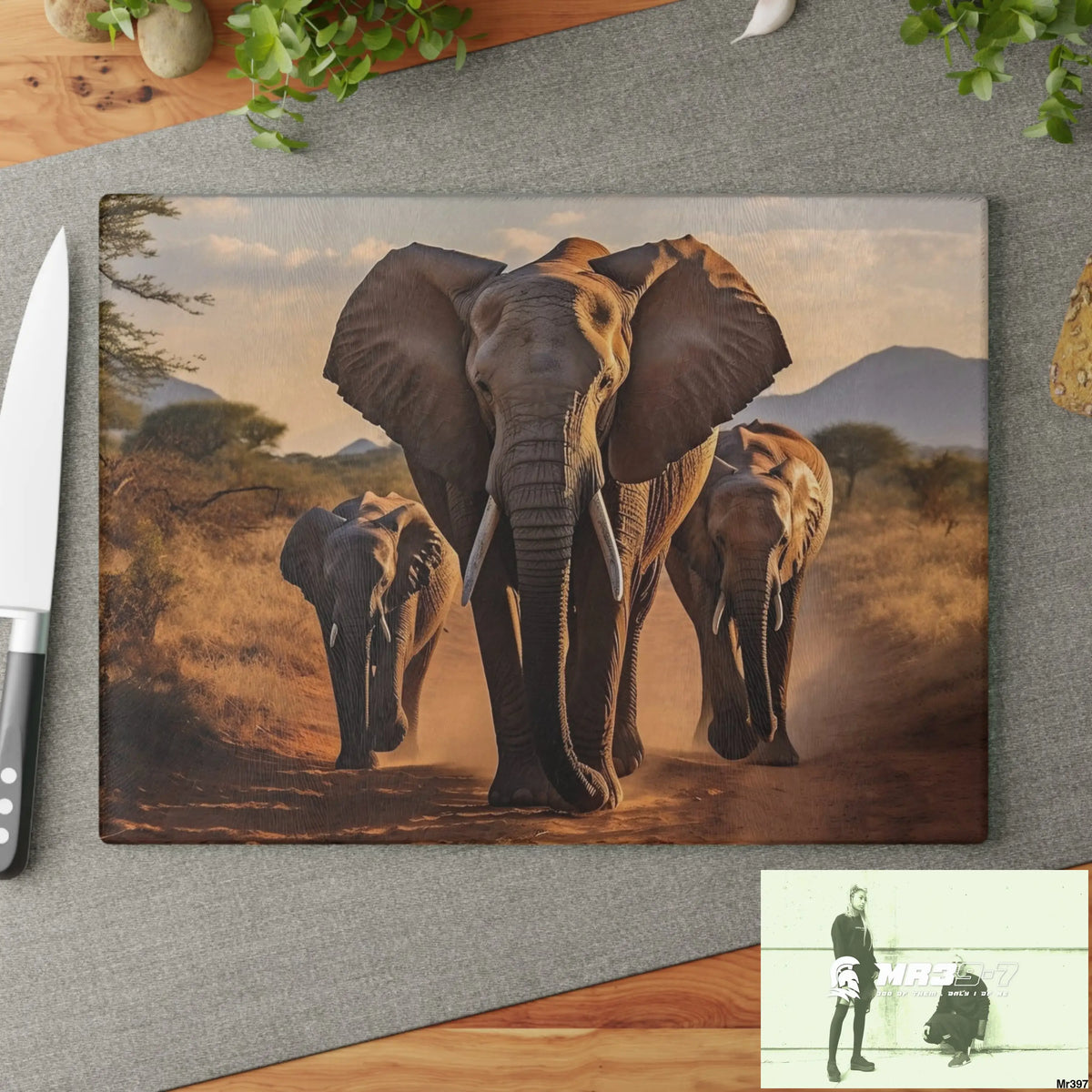 Group of Elephants Walking in Wilderness Glass Cutting Board Home Decor